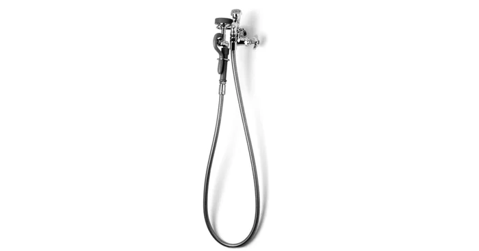 T and S Brass 1.42 GPM Wall Mounted Single Hole Faucet with Angled Spray Valve and 68″ Flexible Stainless Steel Hose – Includes Finger Hook and Cross Handle