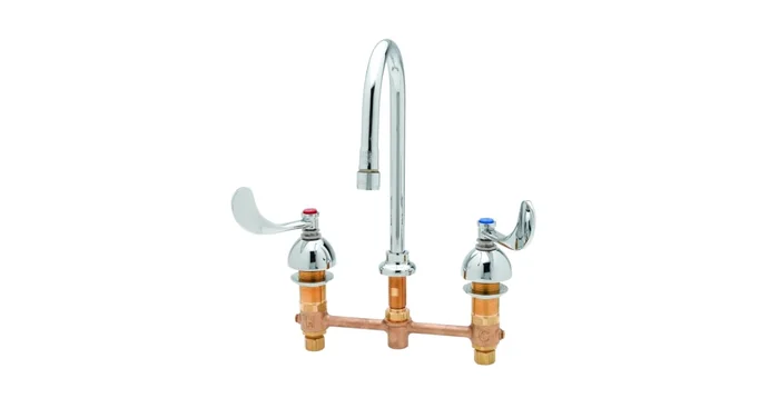 T and S Brass 1.5 GPM Concealed Deck Mounted Lavatory Faucet with 5-9/16″ Swivel Gooseneck Spout – Includes Wristblade Handles
