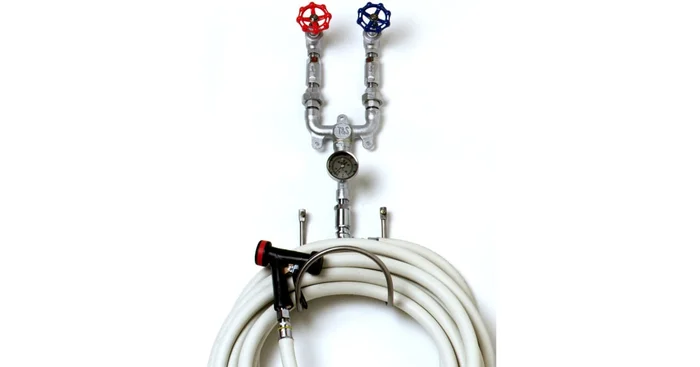 T and S Brass 10.6 GPM Hot & Cold Water Washdown Station with Thermometer, Mixing Valve, 50′ Hose, and Stainless Steel Water Gun with Hose Rack
