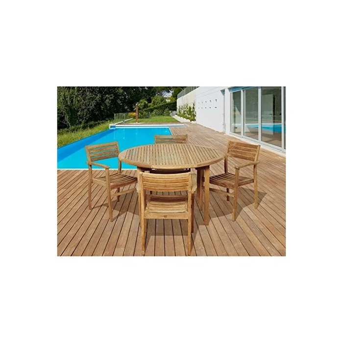 Teak Round Patio Dining Set 5 Piece w/ Cushions & Umbrella Hole