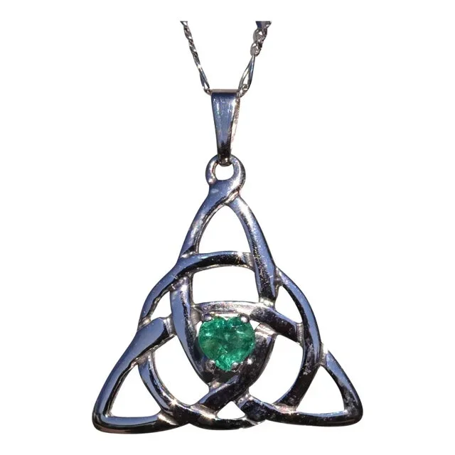 The Galway: Irish Made White Gold Celtic Necklace with Heart Shaped Emerald