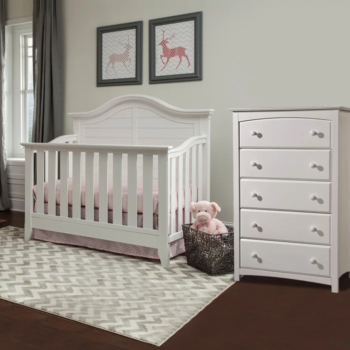 Thomasville Southern Dunes 2 Piece Nursery Set – 4-in-1 Convertible Crib and Kenton 5 Drawer Dresser in White