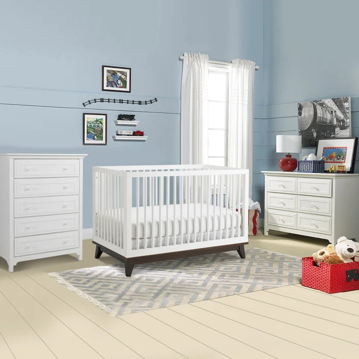 Ti Amo Moderna 3 Piece Nursery Set – Island Crib, 5 Drawer and 6 Drawer Double Dresser in Snow White with Espresso