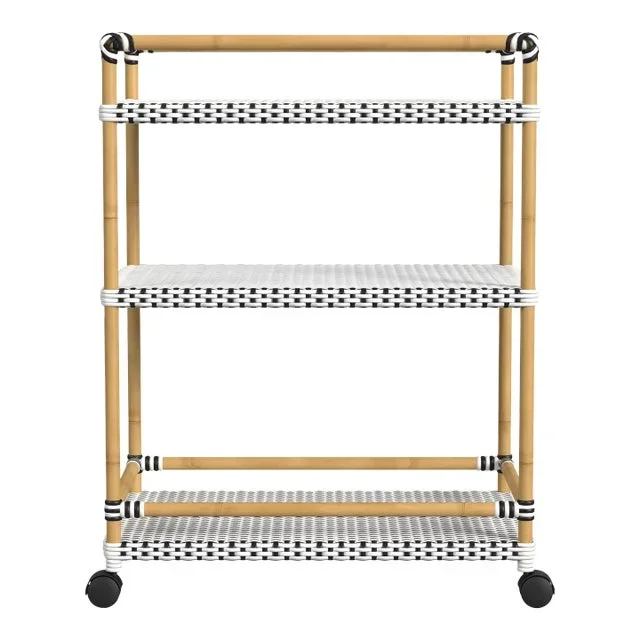 Tobias Outdoor 3-Tier Rattan & Metal Bar Cart, Black & White