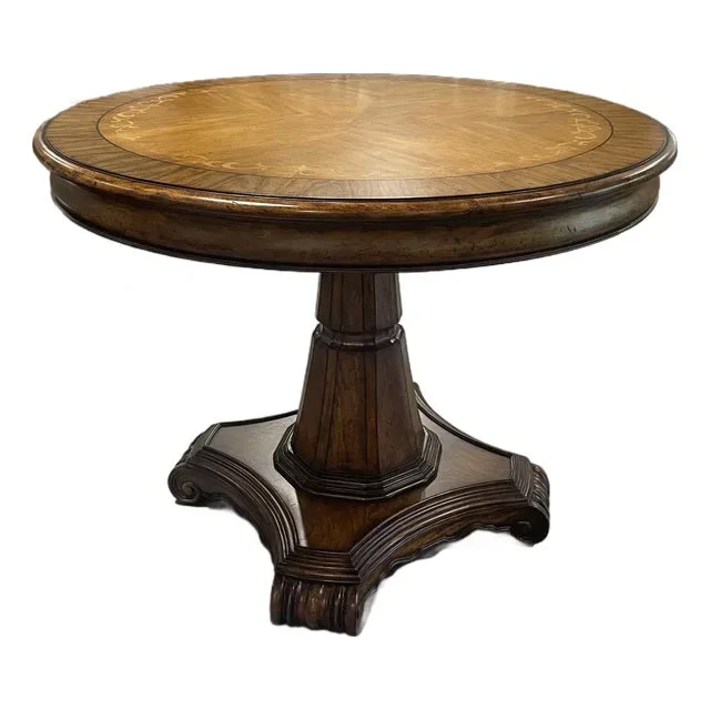 Traditional Round Inlaid Pedestal Table With Carved Base