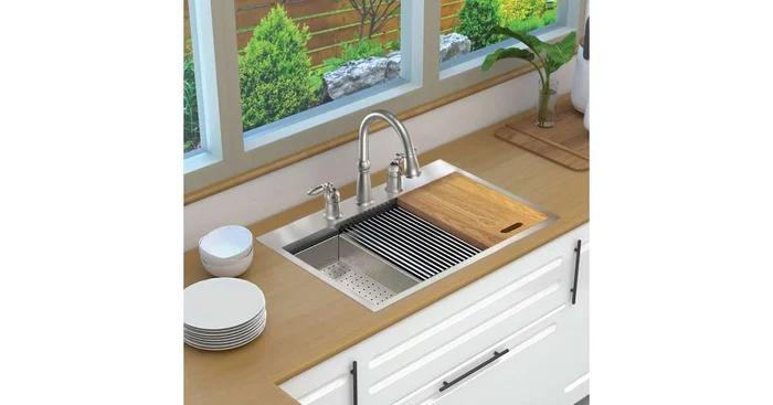 Transolid KWS 32″ Drop In Single Basin Stainless Steel Kitchen Sink with Basin Rack, Basket Strainer, Colander and Cutting Board