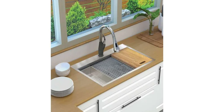Transolid KWS 33″ Drop In Single Basin Stainless Steel Kitchen Sink with Basin Rack, Basket Strainer, Colander and Cutting Board