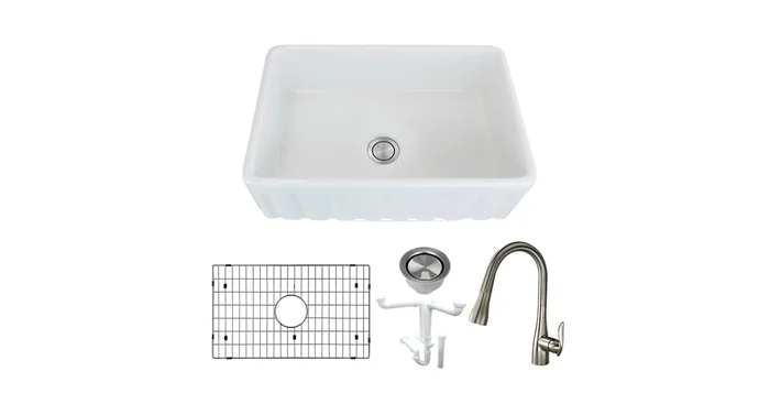 Transolid Logan 30″ Farmhouse Single Basin Fireclay Kitchen Sink with Single Hole 1.8 GPM Kitchen Faucet