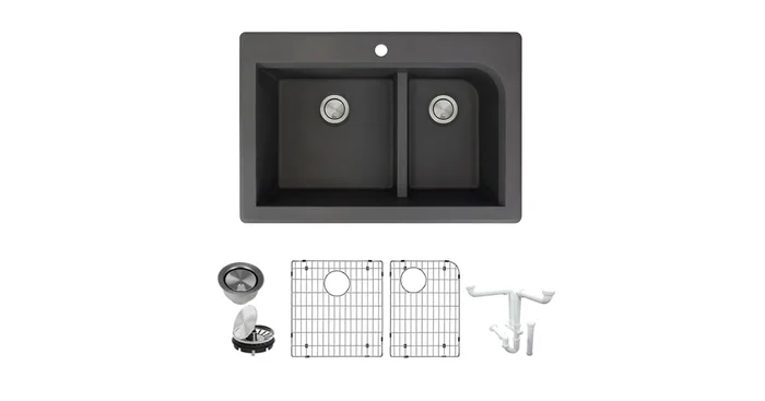 Transolid Radius 33″ Drop In Double Basin Granite Kitchen Sink with Basin Rack and Basket Strainer