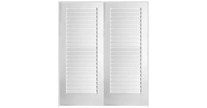Trimlite 72″ W x 80″ H Plantation Full Louver Primed Solid Core 4-9/16″ Jamb Interior Pre Hung Passage Door with Brushed Chrome Hinges