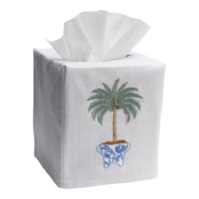 Tropical Palm Tree Tissue Box Cover White Linen & Cotton, Embroidered