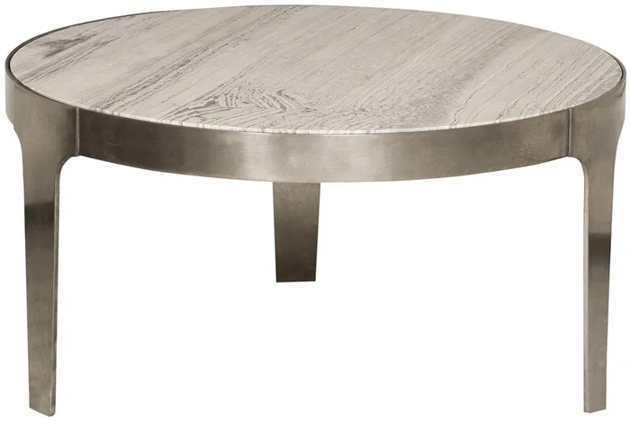 Vanguard Furniture – Noa Round Cocktail Table – Aged Silver Metal and Travertine – P615C1