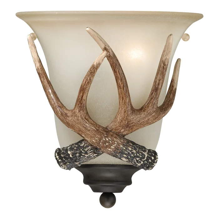 Vaxcel Yoho 1 Light Bronze Rustic Antler Flush Wall Sconce Cream Glass