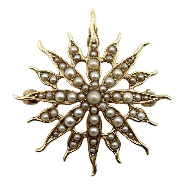 Victorian 14k Gold & Pearl Star Shaped Pendant Brooch