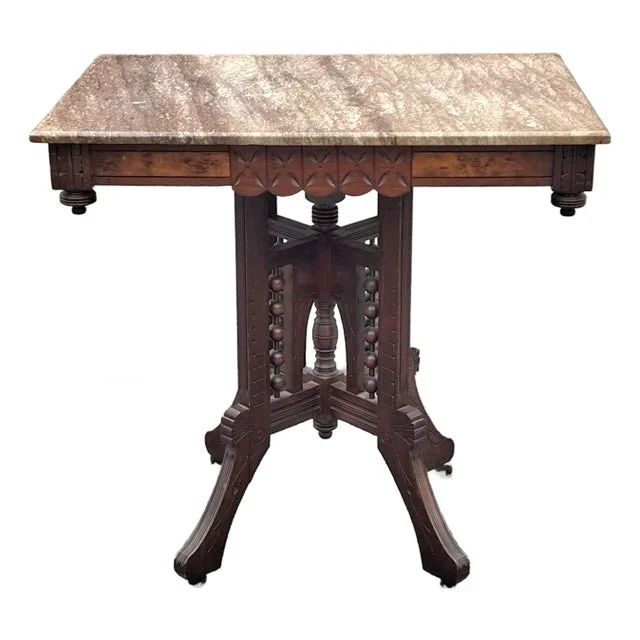 Victorian Eastlake Style Walnut and Marble Top Rolling Center Table