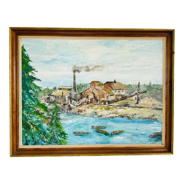 Vintage 1960s Impressionist Framed Grist Mill Oil Painting