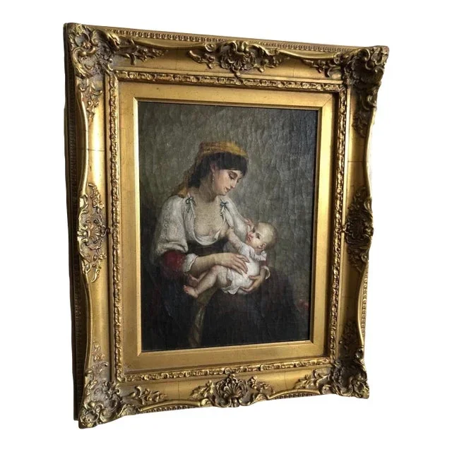 Vintage 19th Century French School ‘La Jeune Mere’ Reproduction Oil on Canvas, Signed, Framed