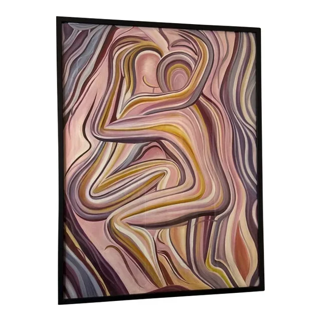 Vintage Abstract Nude Painting on Canvas ~ Framed