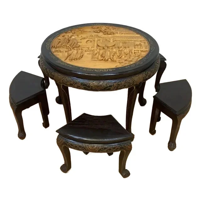 Vintage Asian Carved Ornate Tea/Coffee Table With 5 Nesting Stools