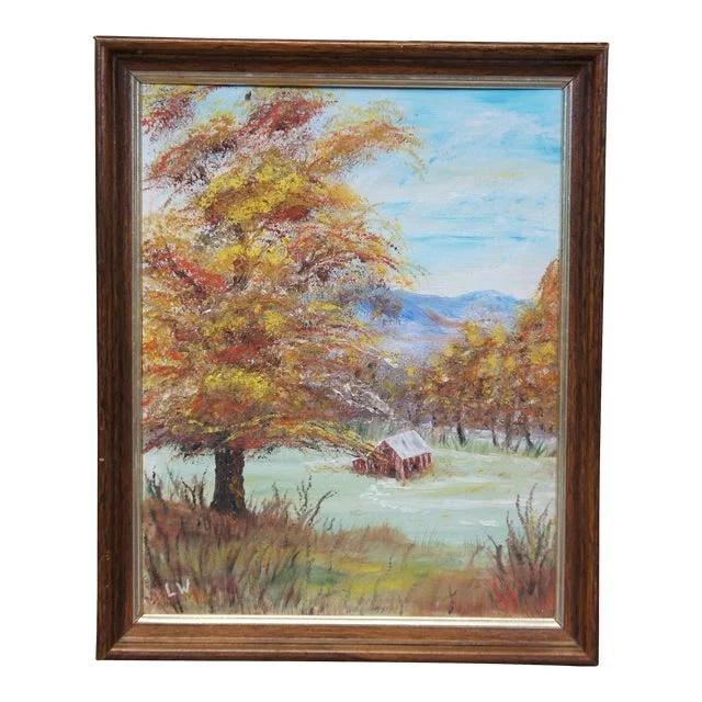 Vintage Autumn Country Farmhouse Red Barn Landscape Oil Painting on Board 16″
