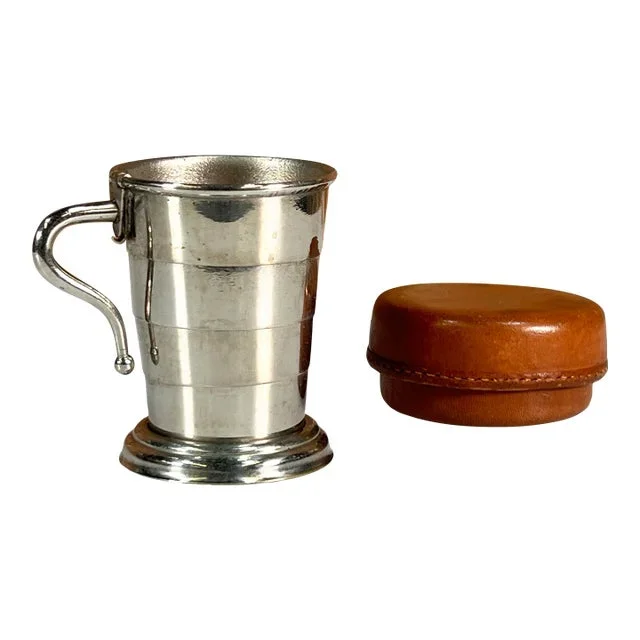 Vintage C.1910’s Silver Plate Collapsible Shot Glass or Cup W/ Leather Case