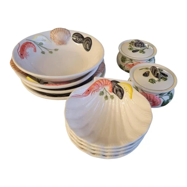 Vintage Ceramic Seafood Shrimp Mussels Serving Bowls, Covered Bowls Set of 10