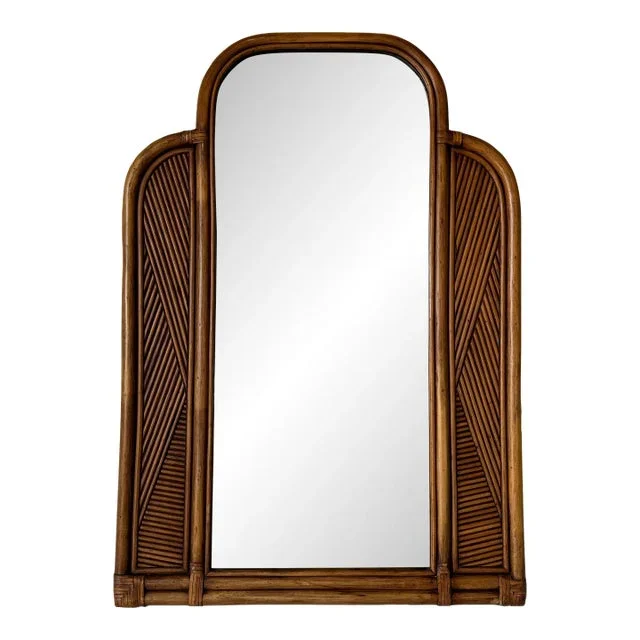 Vintage Coastal Rattan and Leather Arched Top Wall Mirror