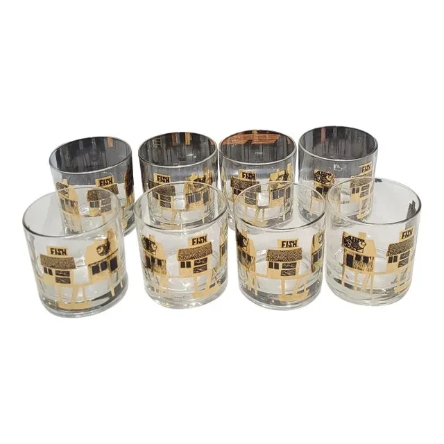 Vintage Couroc Serving Tray and Matching on the Rock Glasses With Inlaid Wood Fish Design Barware- 9 Pieces