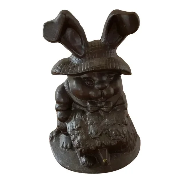 Vintage Easter Bunny Rabbit Pushing Wheelbarrow Cast Iron Door Stop
