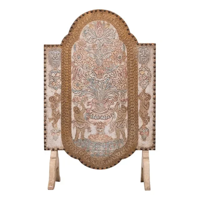 Vintage Embossed Leather Fire Place Screen, 1950s
