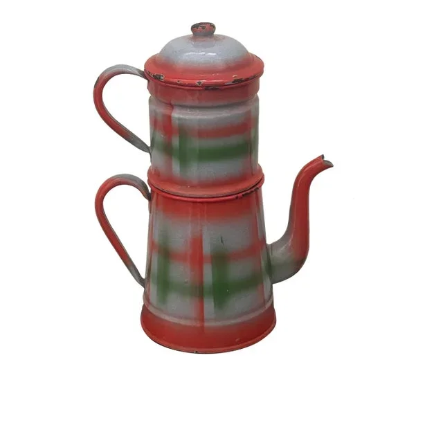 Vintage Enamelware Coffee Pot in Orange/Green/Gray Plaid