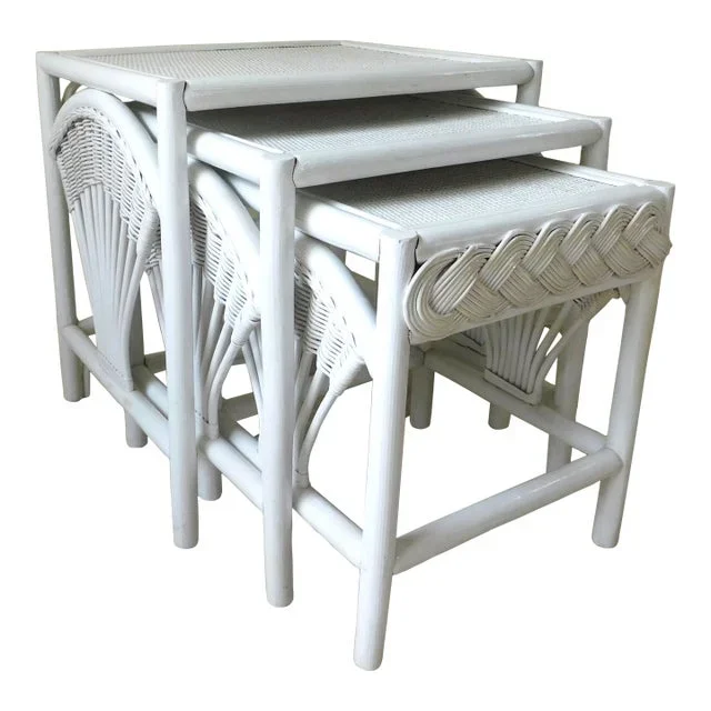Vintage Ficks Reed White Rattan Wicker Nesting Tables – Set of 3