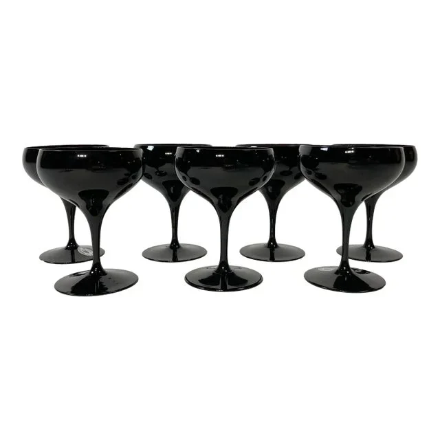 Vintage German Hand-Blown Black Crystal Goblets, Set of 7