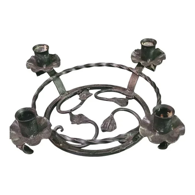 Vintage Gothic Wrought Iron Round Center Piece Four Candle Candle Holder