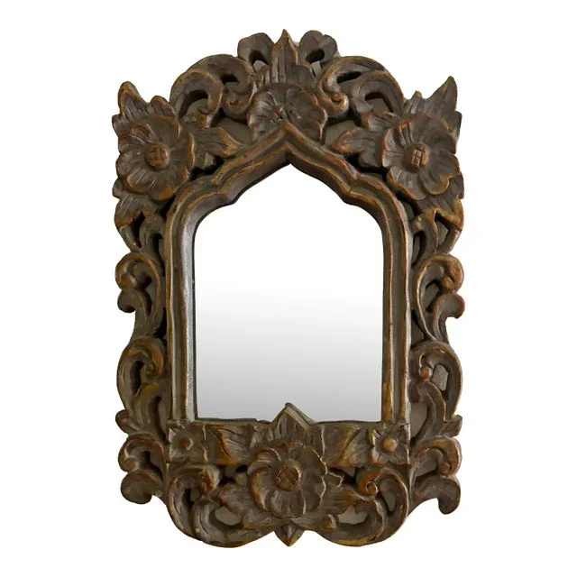 Vintage Gray Gilded Floral Carved Resin Mirror