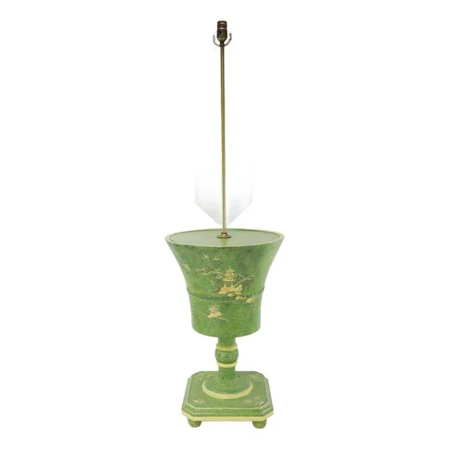 Vintage Green Chinoiserie Wooden Floor Lamp With Pagoda and Floral Motifs