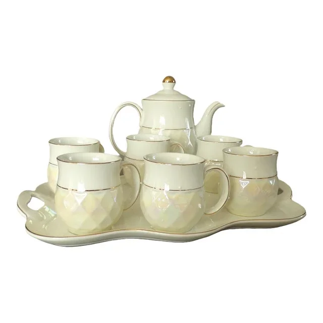 Vintage Hand-Painted Bone China Tea Pot Set in Cream & Gold for 6