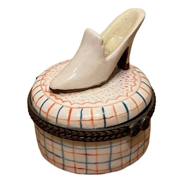 Vintage Hand Painted Ladies Porcelain Shoe Limoges Hinged Round Trinket Box