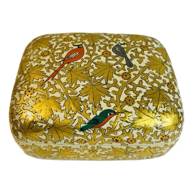 Vintage Handmade Paper Mache Gold & White Leaf & Bird Motif Trinket Box