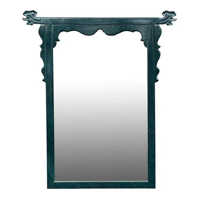 Vintage Large Faux Malachite Green Lacquer Chinese Style Carved Mirror