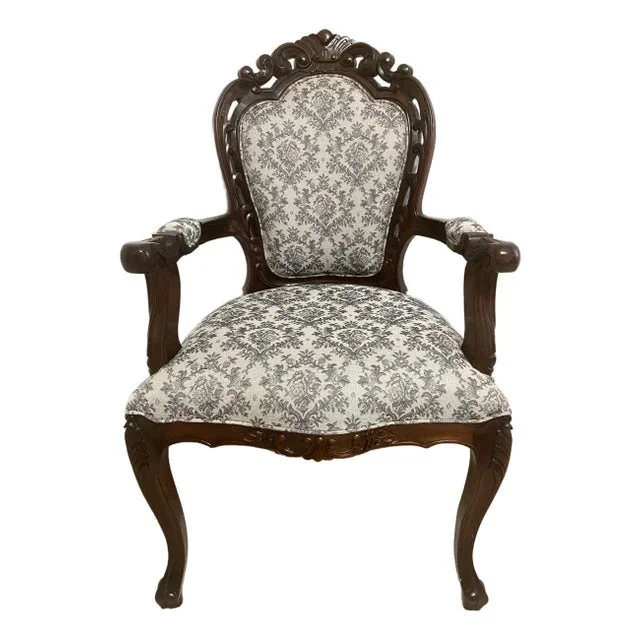 Vintage Louis XV Style Bergere Carved Wood and Blue and Dark White Designed Upholstered Chair