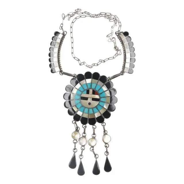 Vintage Massie Zuni sterlin channel inlay sunface necklace