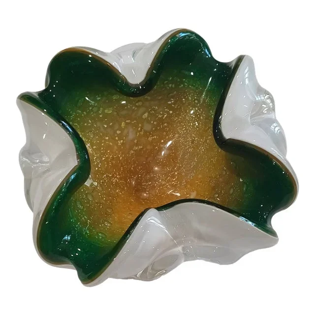 Vintage Murano Attributed Glass Ashtray – Mid-Century Modern Green, Gold and White Sommerso Bullicante Bowl