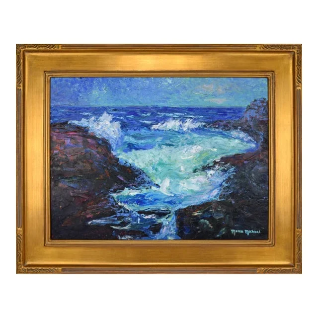 Vintage Post Impressionist Seascape Painting With Rocky Coastline