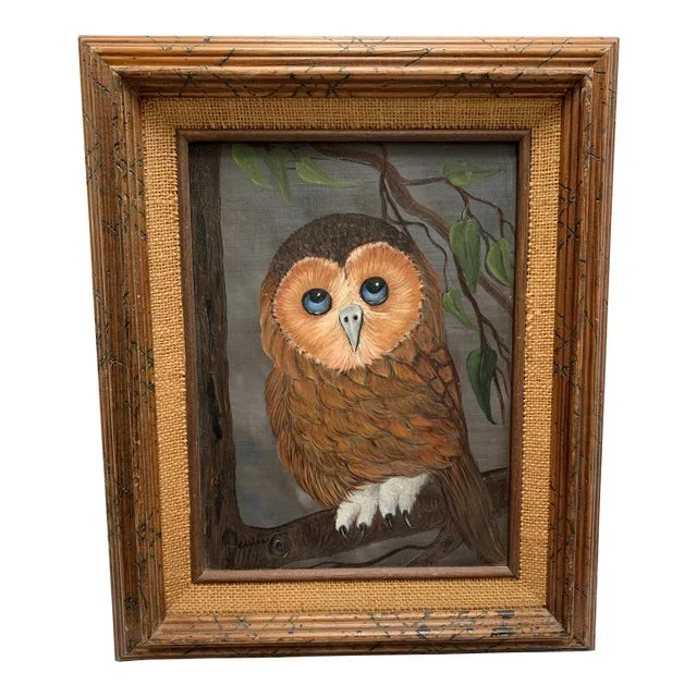 Vintage Primitive Original Painting of a Sweet Sheepish Owl