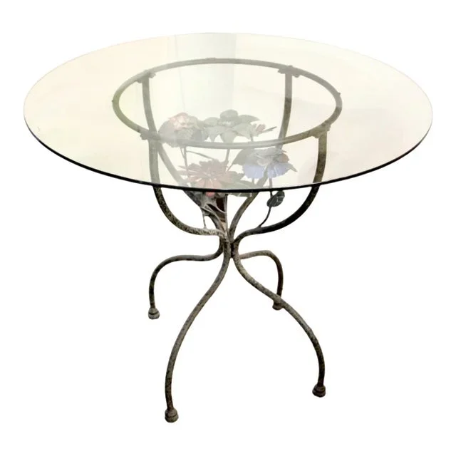 Vintage Round Wrought Iron Glass Top Accent Table