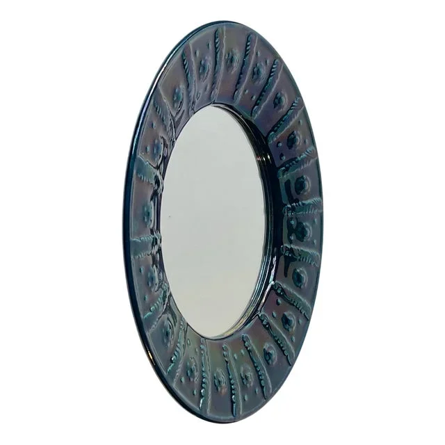Vintage Scandinavian Blue Circular Wall Mirror in Glazed Ceramic, 1970s