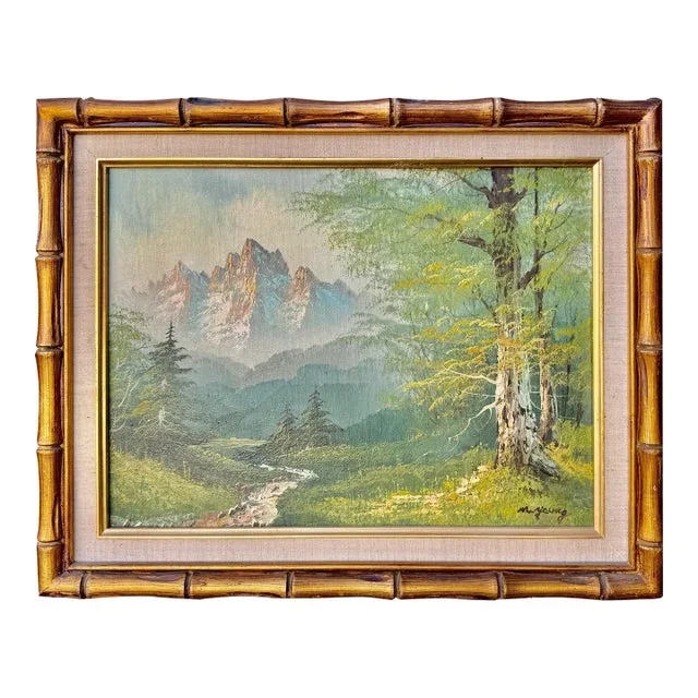 Vintage Signed Natural Landscape Oil Painting W/ Faux Bamboo Gilt Frame