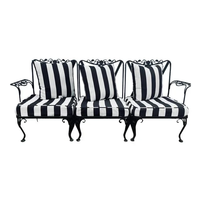 Vintage Woodard Outdoor Patio Sofa with Striped Cushions & Pillows
