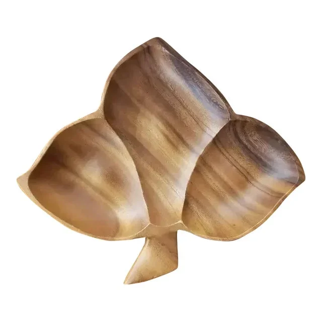 Vintage Wooden 3 Section Leaf Shaped Divided Serving Tray